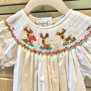 White Smocked Holiday Dress with Reindeer Embroidery. 🌲 Christmas Dress